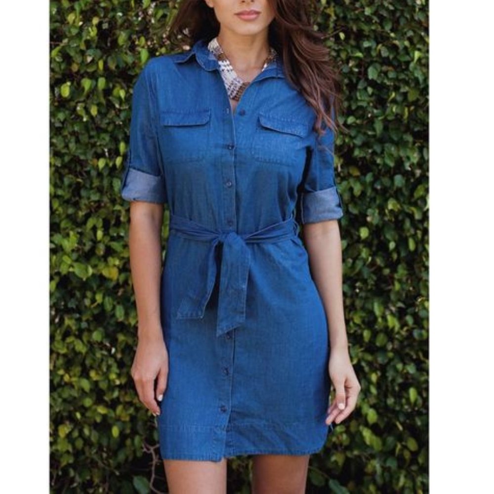 Marisa Kenson Blue Denim Pocket Belted Waist Roll-Up Sleeves Mini Dress - M NWT